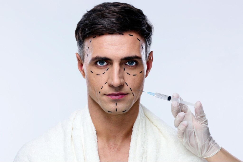 Man at plastic surgery with syringe in his face.