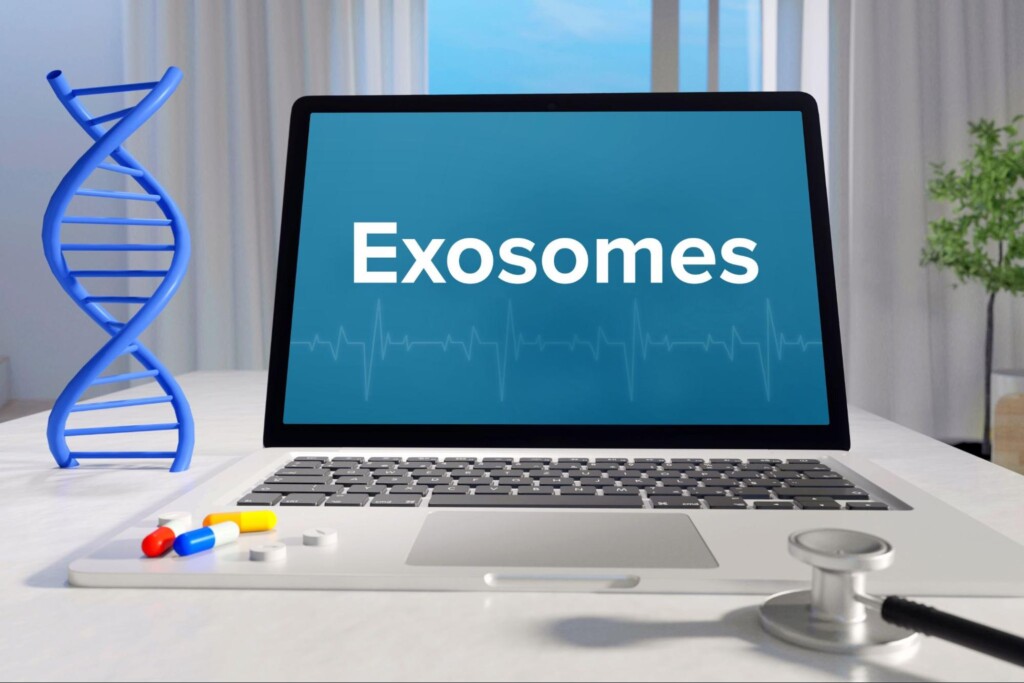 Exosomes – Medicine/health. Computer in the office with term on the screen.