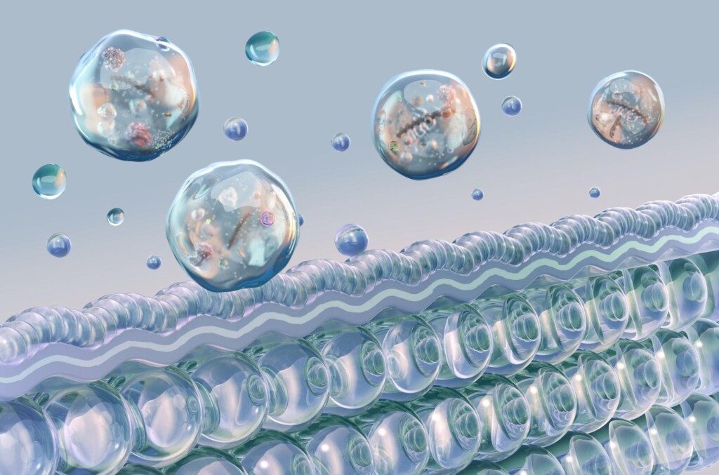 Exosomes released from cellular membrane into extracellular environment.